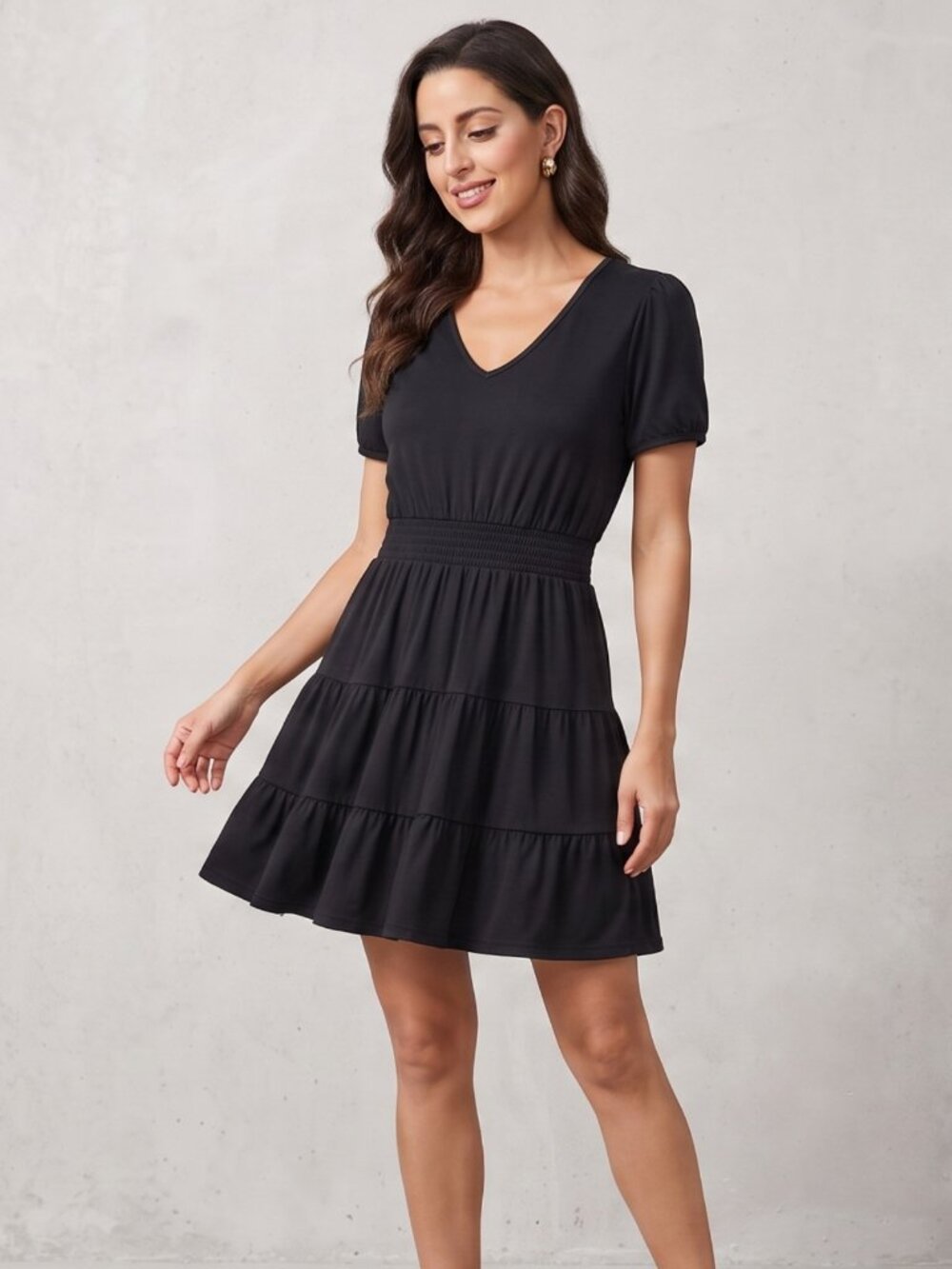 NWT Luxveer Black Split V-Neck Smocked Waist Tiered A-Line Mini Dress Large